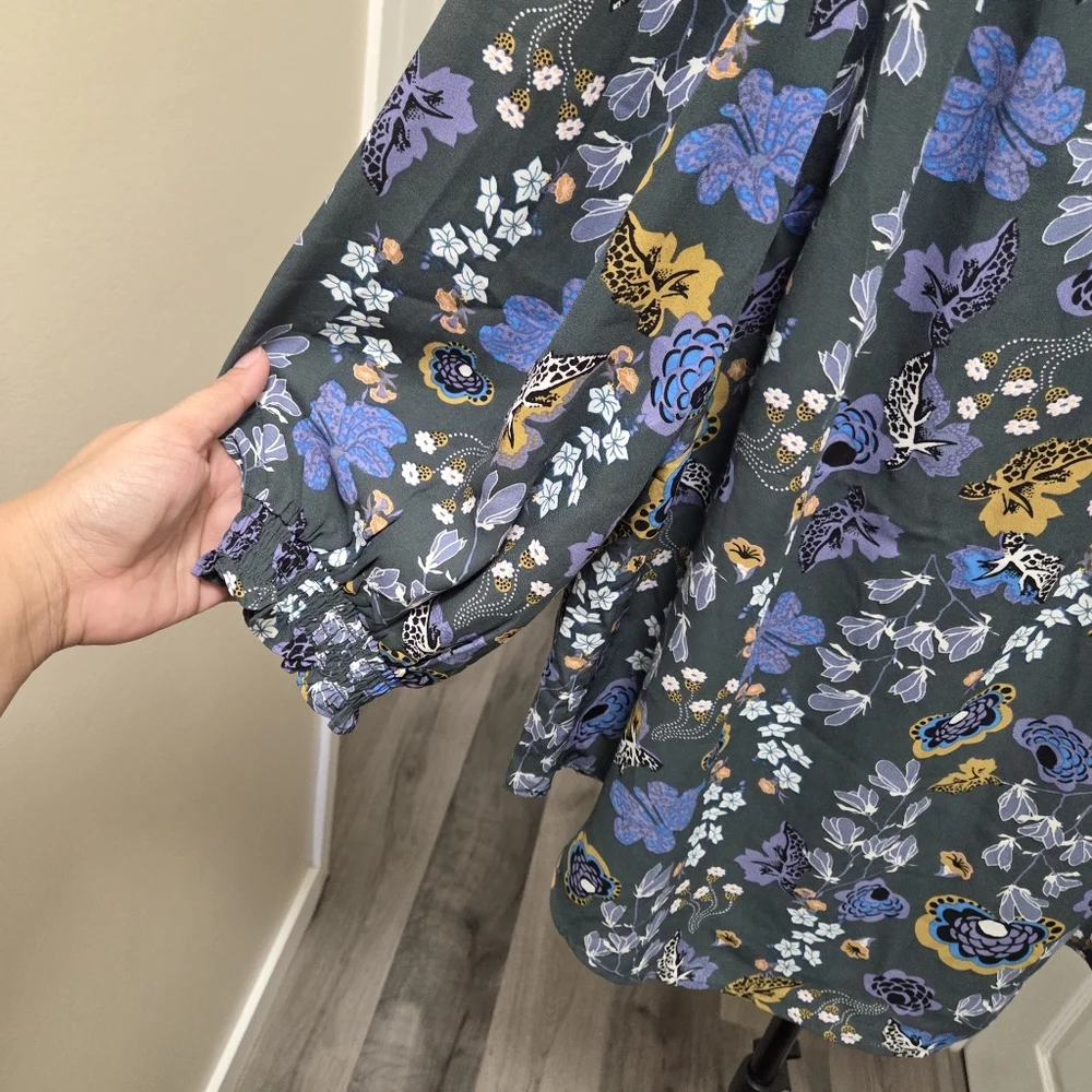 Carolina Belle Blue Floral Oversized Boho Blouse | Long Sleeve Tie Neck Peasant - Picture 3 of 7